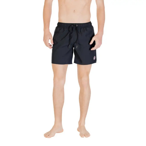 Black swim trunks displayed on a product listing, suitable for swimming or beach use