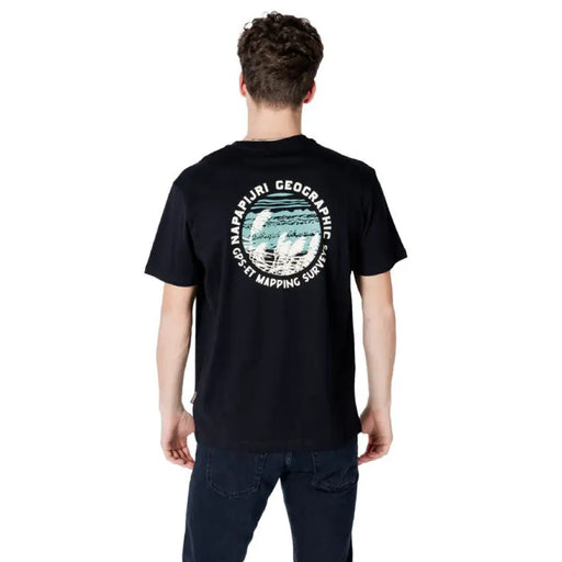 Black Napapijri Men T Shirt featuring a circular graphic design and round neck