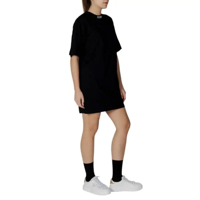 Icon Women’s Black Short Cotton Dress displayed in a stylish black t-shirt dress