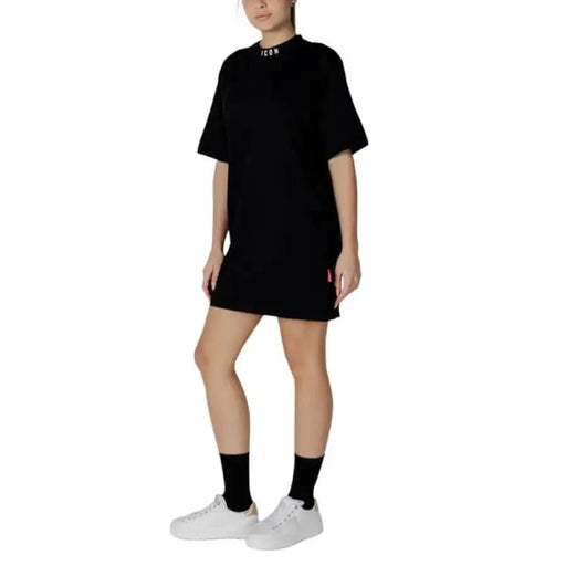Icon Women’s Black Short Cotton Dress displayed as a fashionable black t-shirt dress