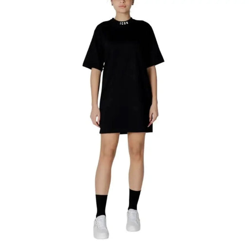 Icon Women’s Black Short Cotton Dress featuring a stylish black t-shirt design