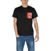 Black short-sleeved cotton t shirt with red floral pocket design on the left chest for casual wear