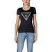 Black t-shirt with glittery Guess triangle logo featured in Guess Women’s collection