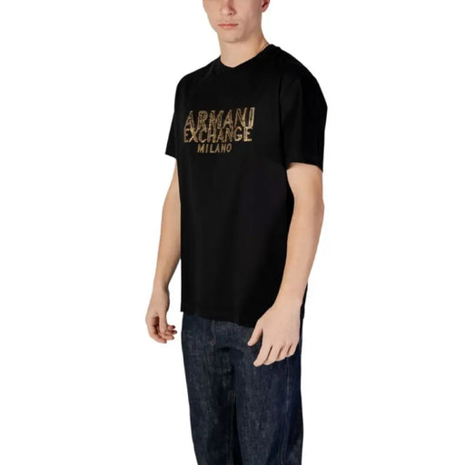 Black Armani Exchange Men’s T-shirt featuring stylish gold lettering design
