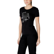 Black emporio armani t shirt with bold white ea logo graphic on chest in cotton material