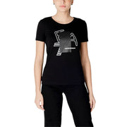 Black emporio armani t shirt with bold white and gray graphic logo on the chest in a sleek black fabric