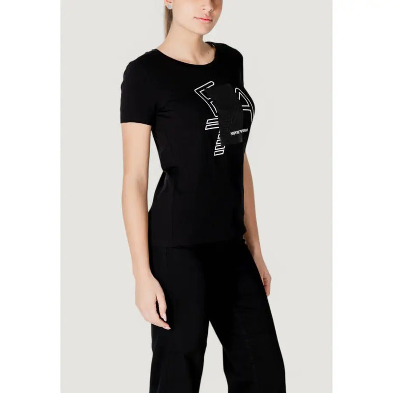 Black short-sleeved t shirt with white geometric logo and emporio armani text on the chest for casual wear
