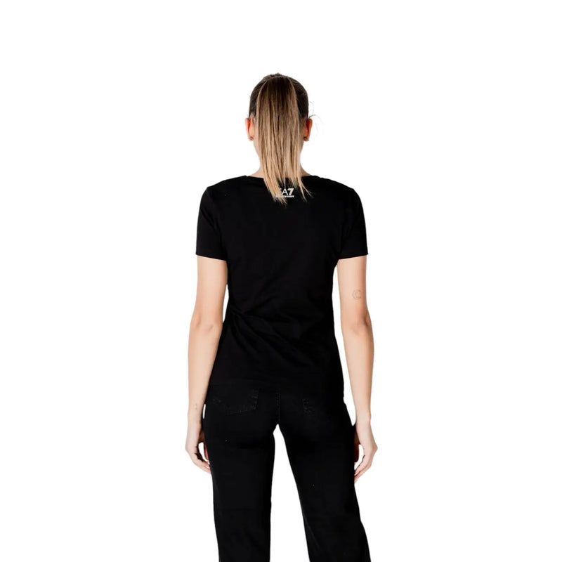 Black short-sleeved t shirt with a subtle white logo at the neckline featuring a graphic design