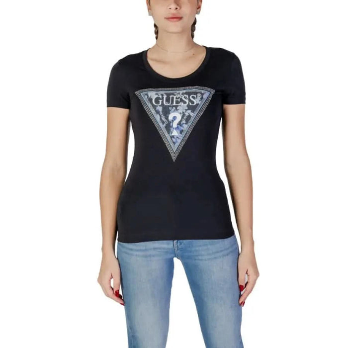 Black Guess Women’s Spring/Summer Round Neck T-Shirt with metallic triangular logo