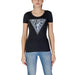 Black Guess Women’s Spring/Summer Round Neck T-Shirt with metallic triangular logo