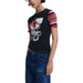 Black Minnie Mouse graphic T-shirt with striped sleeves displayed with patchwork jeans