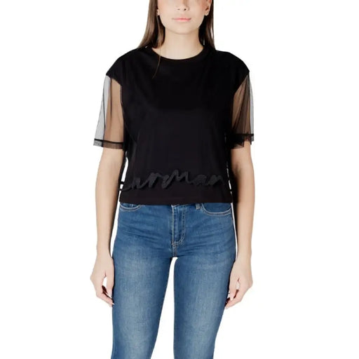 Black T shirt with sheer sleeves displayed, stylish casual apparel for women