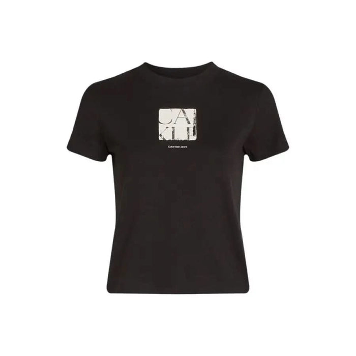 Black t-shirt featuring a small square graphic design by Calvin Klein Jeans