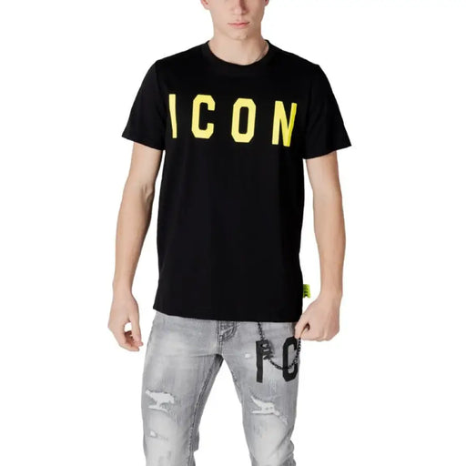 Black T-shirt featuring yellow ICON text from Icon Men White Cotton Round Neck T-Shirt