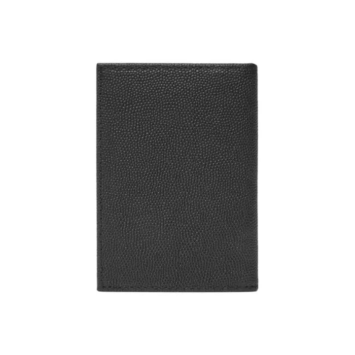 Open black leather card holder wallet featuring textured black leather finish