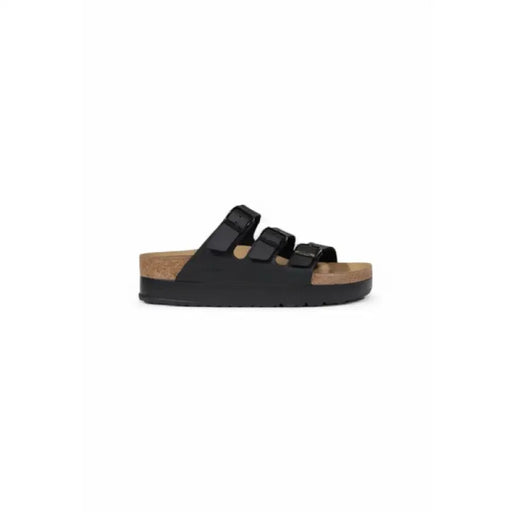 Black three-strap sandal displayed in the Black Three Strap Sandal product image