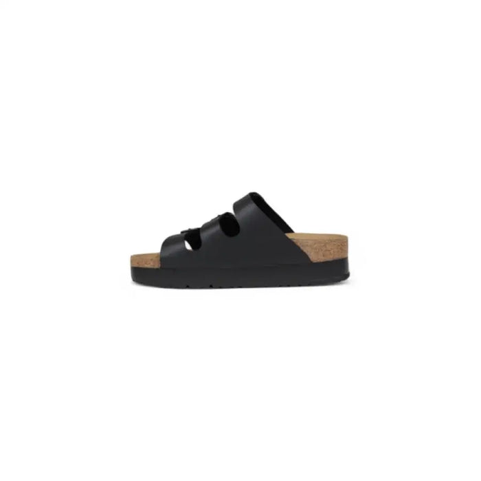 Black three-strap sandal showcasing a stylish and comfortable footwear option for women