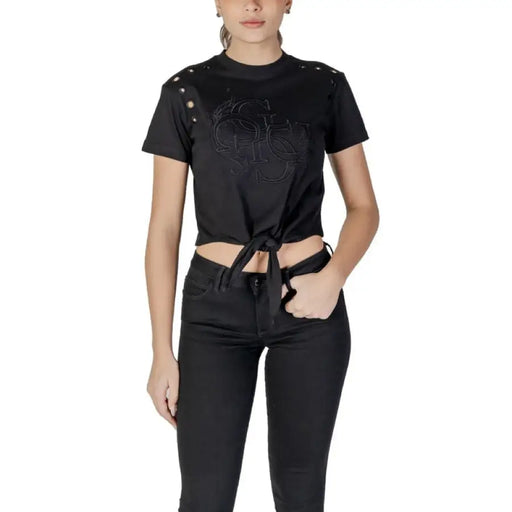 Black tie-front T shirt with grommets for stylish casual wear