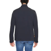 Black turtleneck jacket for men in dark navy nylon and spandex with a sleek design and subtle orange brand tag on the sleeve