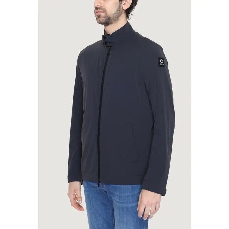 Navy blue zip-up black turtleneck jacket for men made of nylon and spandex with a subtle shoulder logo patch