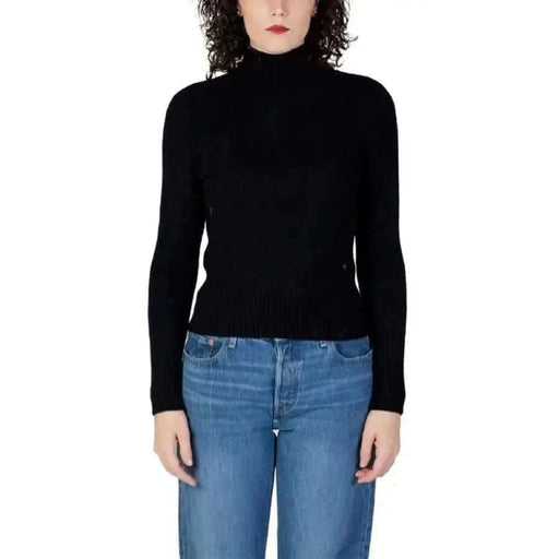 Black turtleneck sweater with blue jeans - Guess Women Knitwear fashion ensemble
