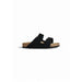 Black two strap sandal displayed in a product image, ideal for casual and summer wear