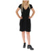 Black V-neck sheath dress with front zipper and back cutout for elegant style
