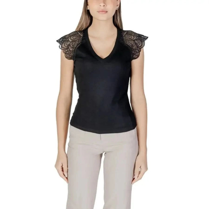 Black v-neck top with lace cap sleeves from Morgan De Toi Women’s collection