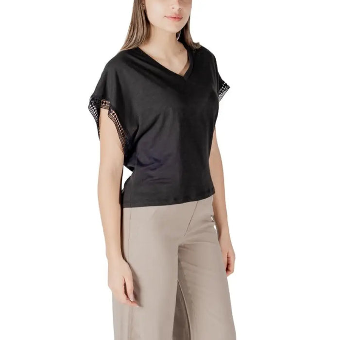 Image of Womens Black V Neck Top with Lace Sleeves featuring a lace-trimmed design