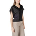 Image of Womens Black V Neck Top with Lace Sleeves featuring a lace-trimmed design