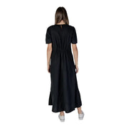 Black V-neck short dress by B.young featuring black cotton midi length with short sleeves and gathered waist detail