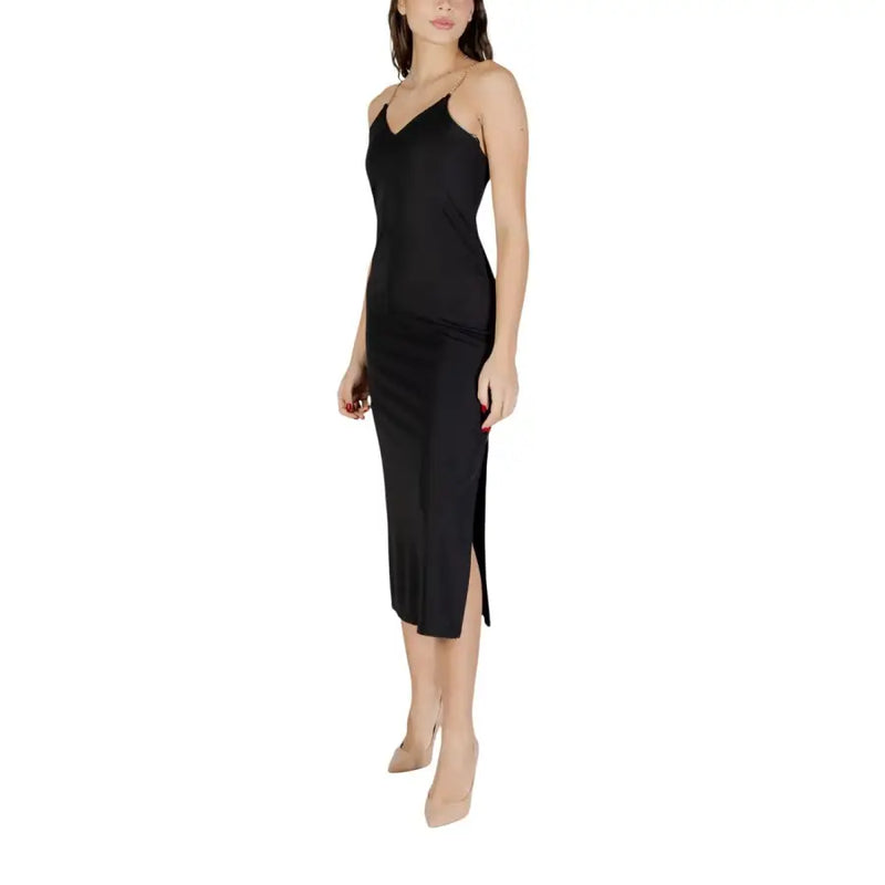 Black v-neck strappy dress by morgan de toi in black satin with thin spaghetti straps and a side slit
