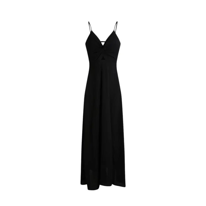 Black v neck strappy maxi dress by Morgan De Toi with a center front knot detail and spaghetti straps