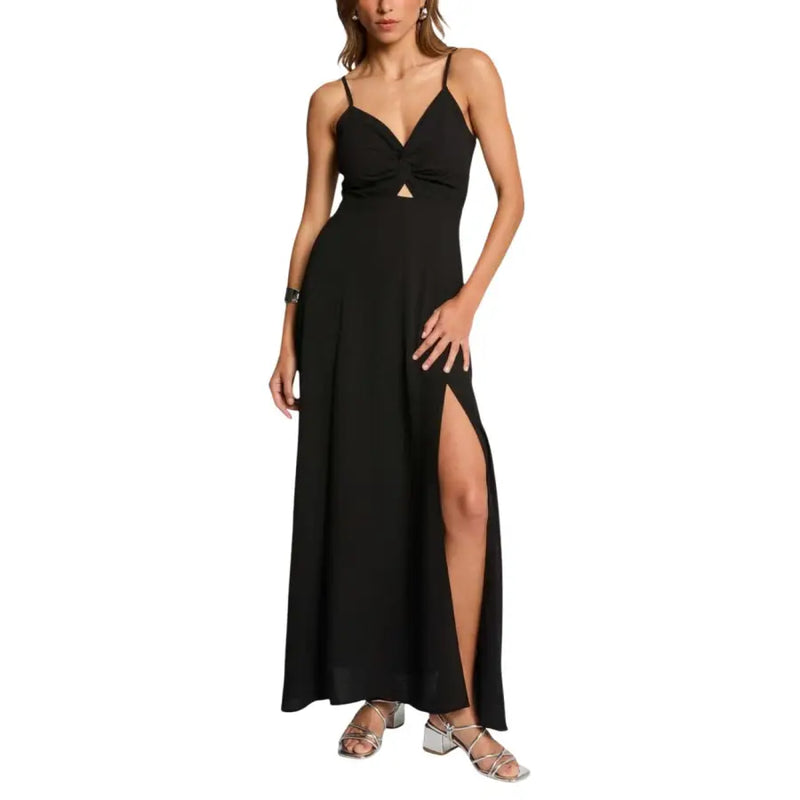 Black v neck strappy maxi dress by Morgan de Toi with front knot detail and high slit in lightweight fabric