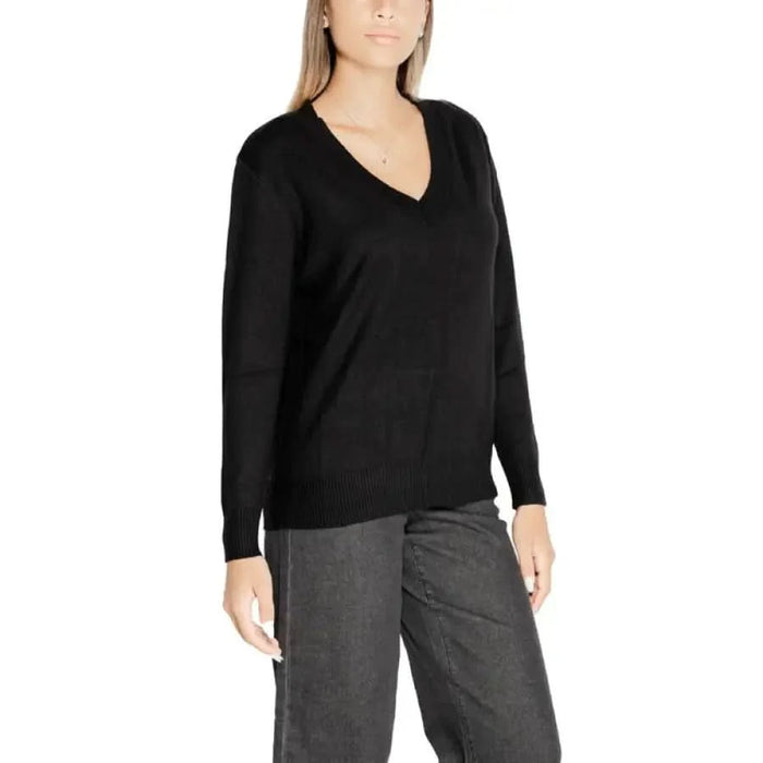 Black V-neck sweater from Clerè Women’s Long Black V-Neck Knit Sweater collection