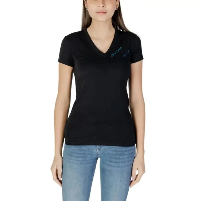 Black v-neck t-shirt with short sleeves from Armani Exchange Women’s collection
