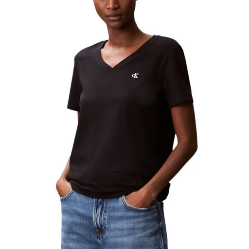 Black Calvin Klein Jeans women’s V-neck cotton T-shirt with small CK logo on chest