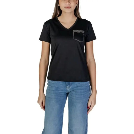 Black V-neck women’s t-shirt with chest pocket from Liu Jo, made of 100% cotton