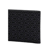 Black leather wallet featuring a repeating CK pattern for style and sophistication