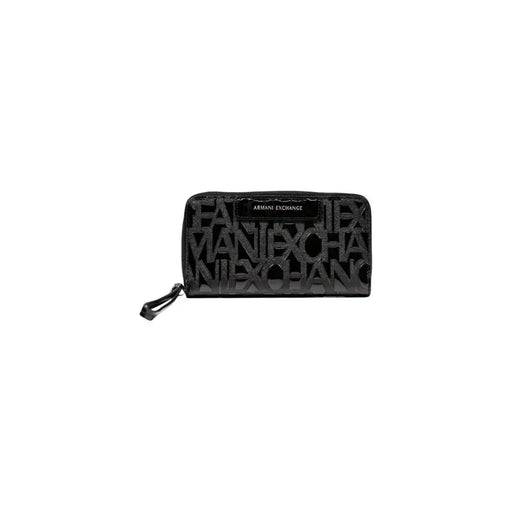 Black wallet with embossed lettering and wrist strap from Armani Exchange product line