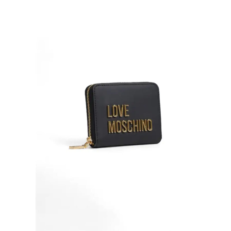 Black wallet featuring a gold zipper and elegant lettering for stylish accessories