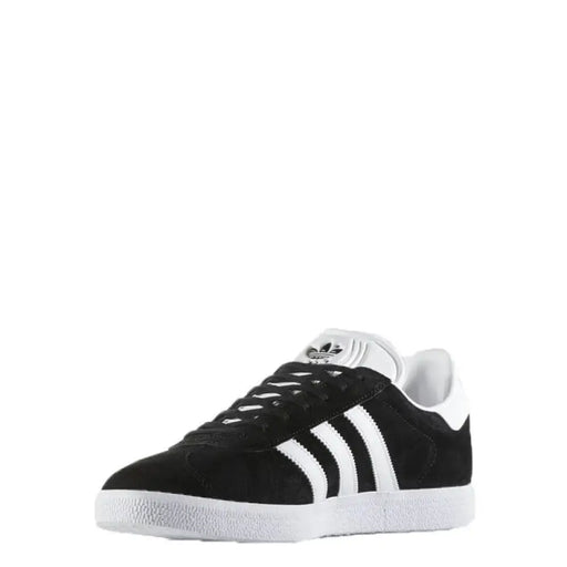 Black and white Adidas Gazelle sneaker displayed, showcasing classic athletic style