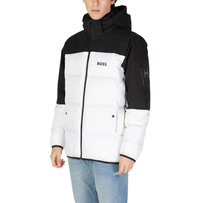Black and white two-tone hooded puffer jacket displayed in a product listing