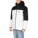 Black and white two-tone hooded puffer jacket displayed in a product listing