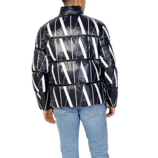 Black and white patterned puffer jacket displayed in the product listing
