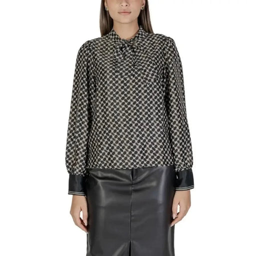 Black and white patterned blouse with long sleeves and a collar from Women’s Black Long Turtleneck Shirt
