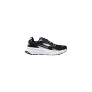 Black and white and gray running shoe displayed for athletic footwear product