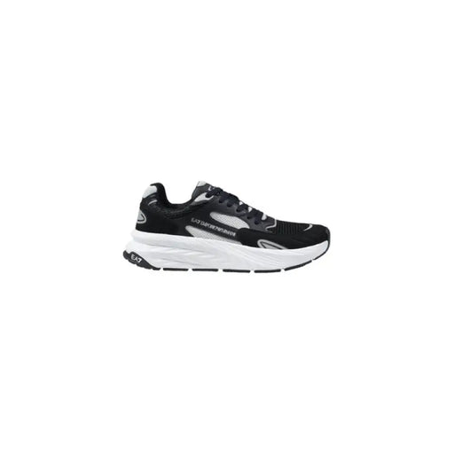 Black and white and gray running shoe displayed for athletic footwear product