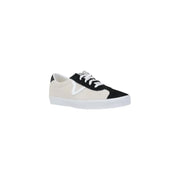 Black and white Vans suede canvas sneakers displayed in a product image