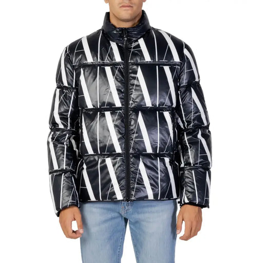 Black and white striped puffer jacket from Black and White Patterned Puffer Jacket collection